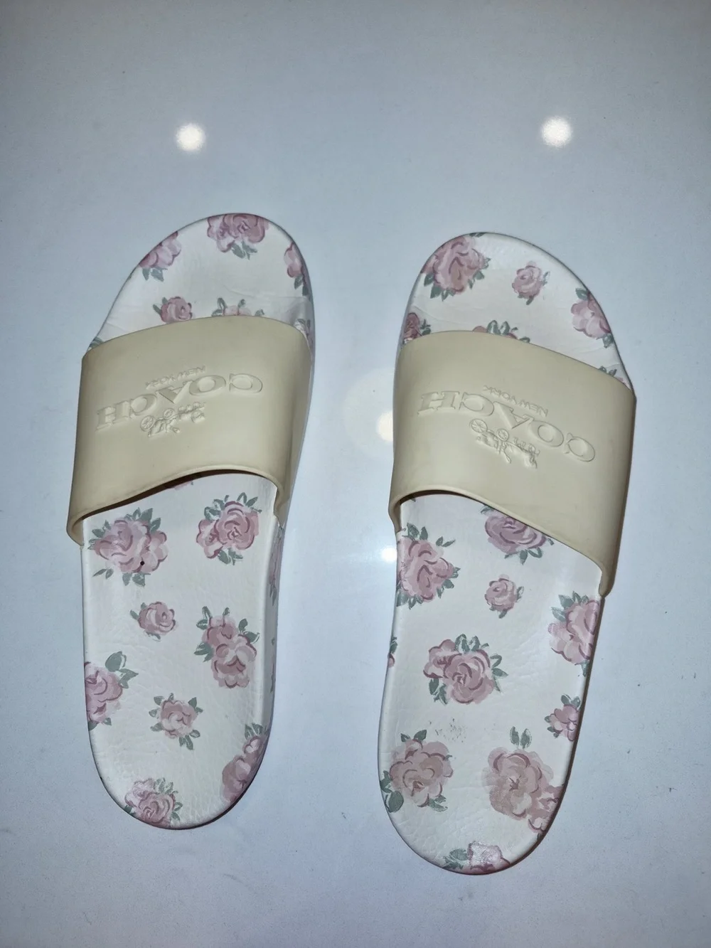 Coach Beige Strap Floral Slide Sandals with Pink Rose Print size 9